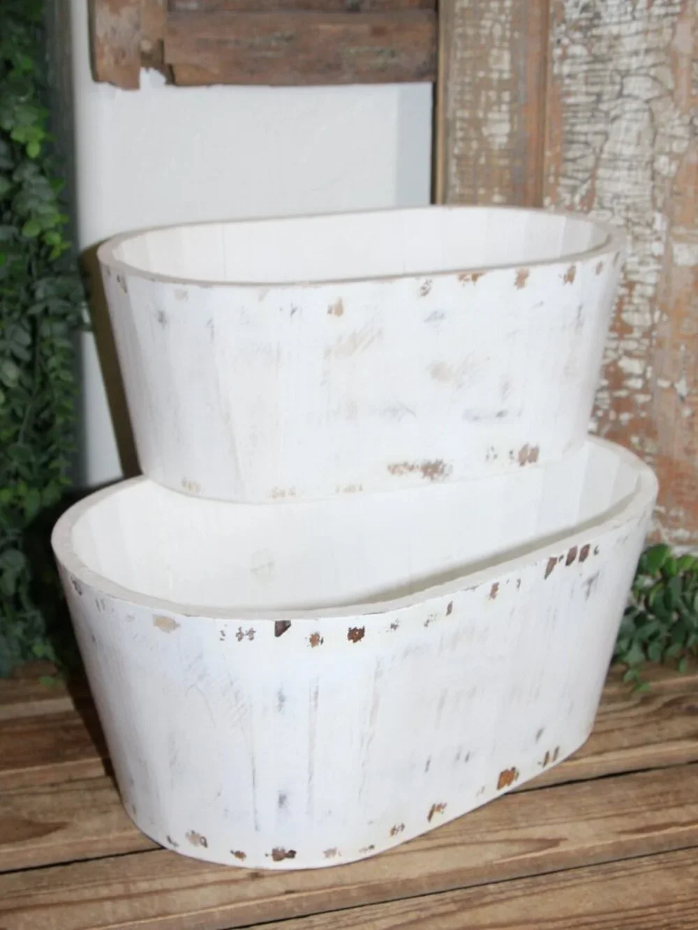 Pair of Large White Shabby Distressed Oval Wood Farmhouse Planter Buckets
